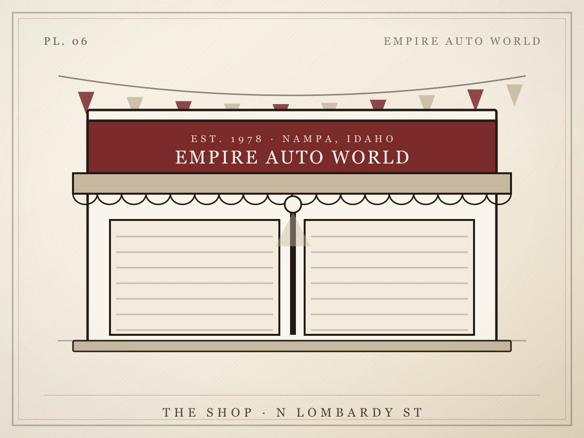Illustration of the Novacrest Motors LLC showroom with its sign, awning and two roll-up doors