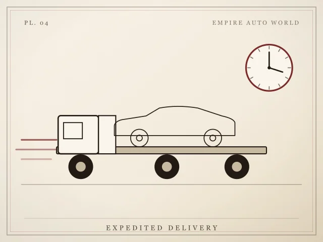 Illustration of a flatbed truck carrying one car at speed, with a clock